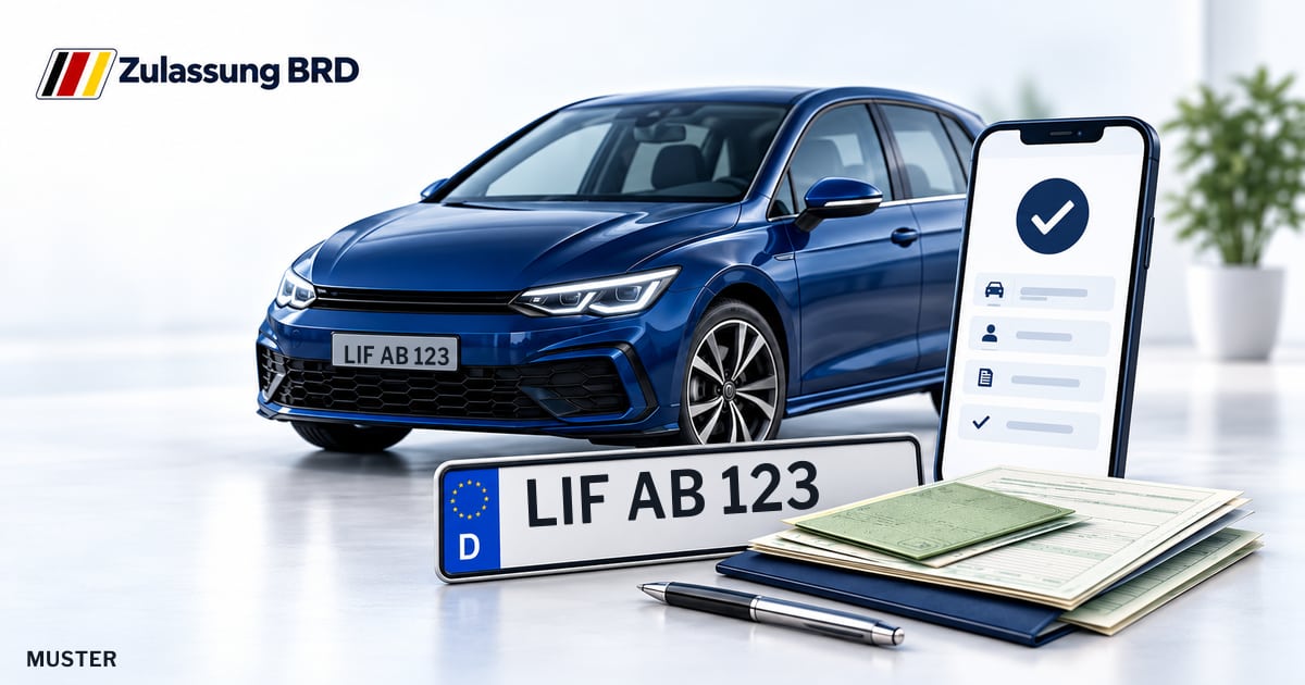 Online Fahrzeugzulassung in Landkreis Lichtenfels: Musterkennzeichen LIF AB 123, Auto und Fahrzeugpapiere und Smartphone. Illustration mit Logo von Zulassung BRD.